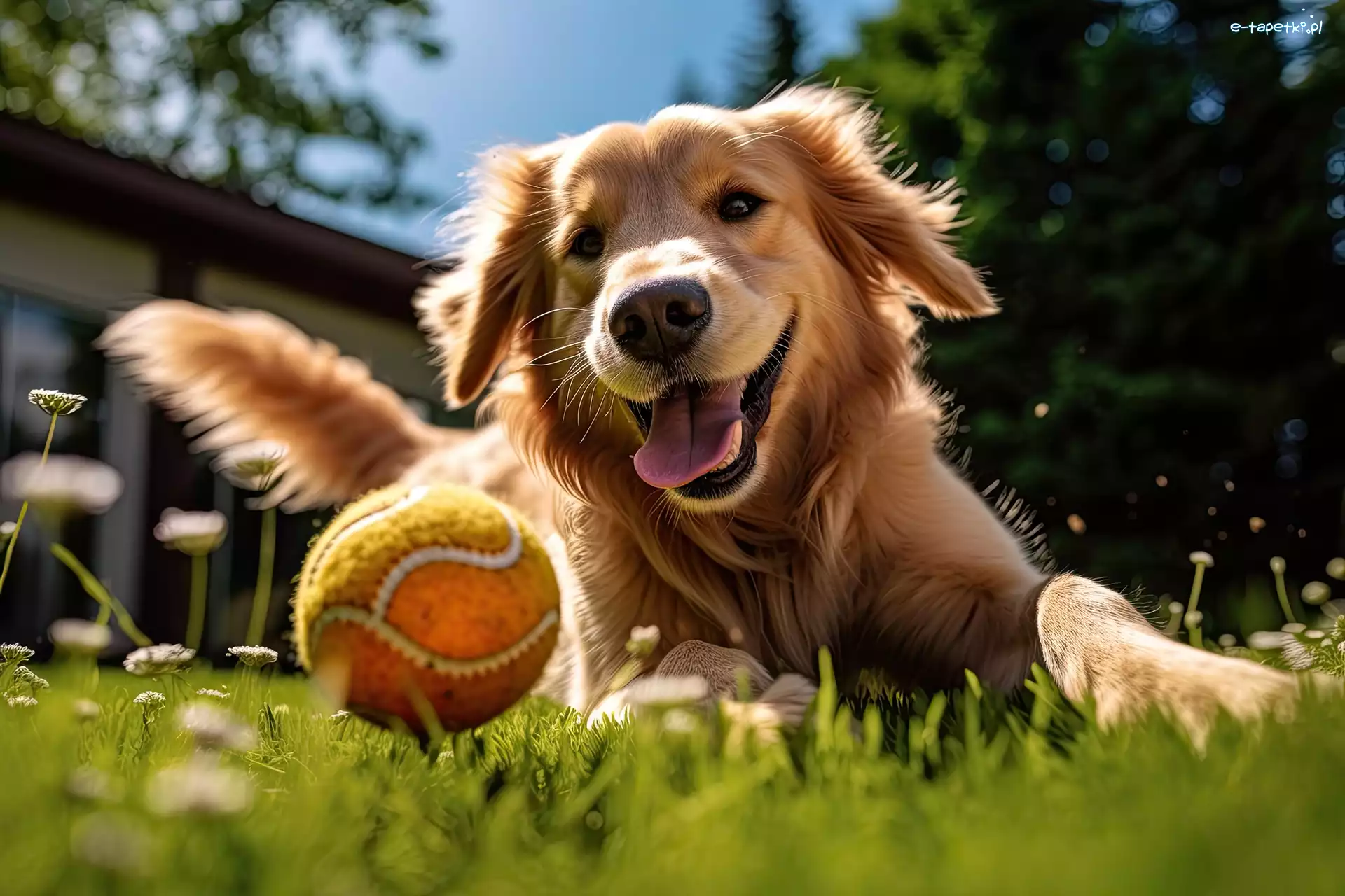 Pies, Piłka, Golden retriever, Grafika, Zabawa