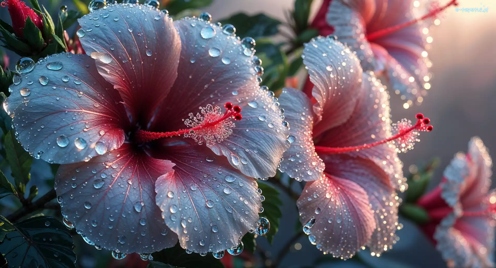 Hibiskusy, Kwiaty, Mokre, Grafika, Krople