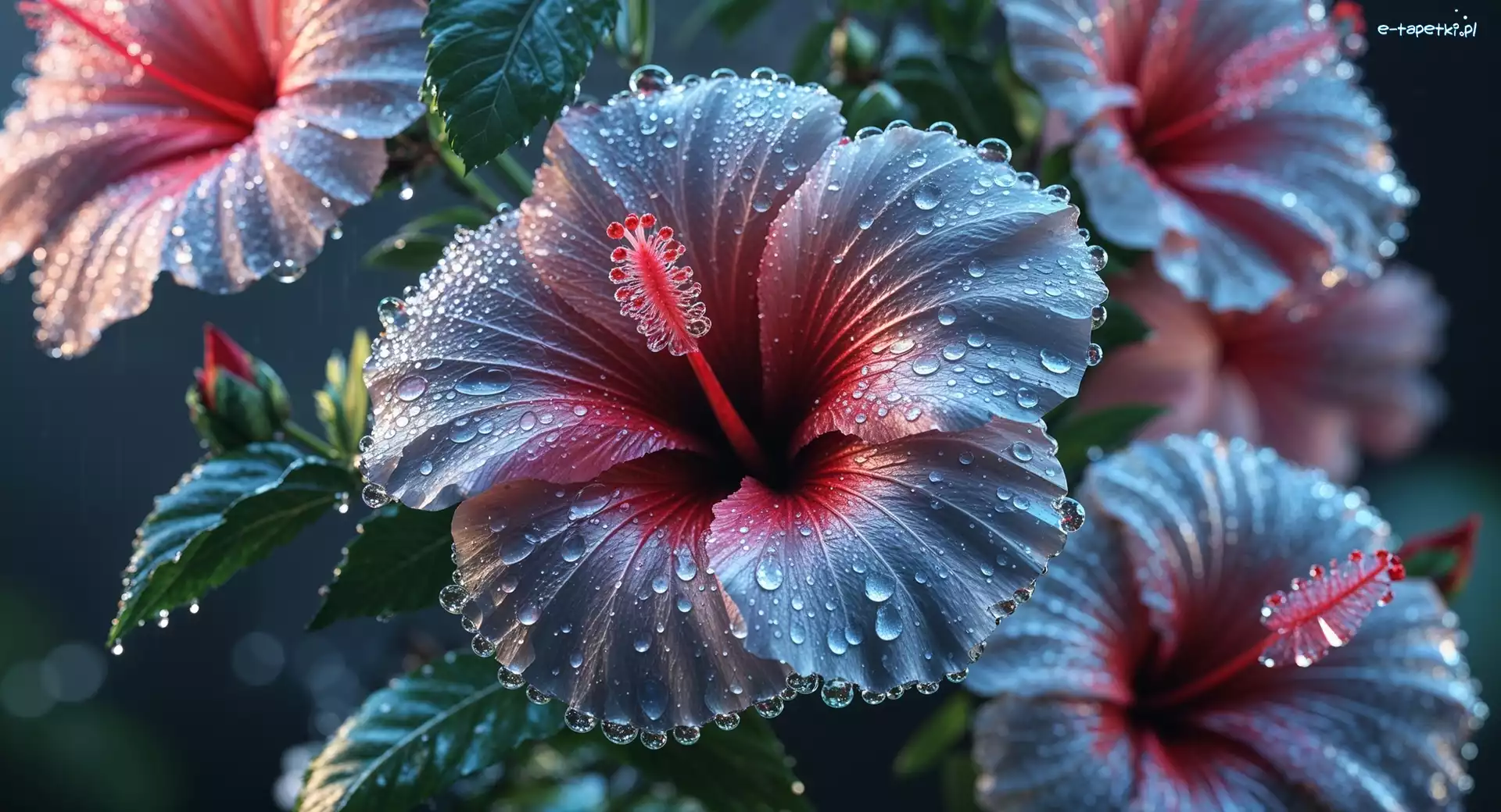 Mokre, Kwiaty, Hibiskusy, Grafika, Krople
