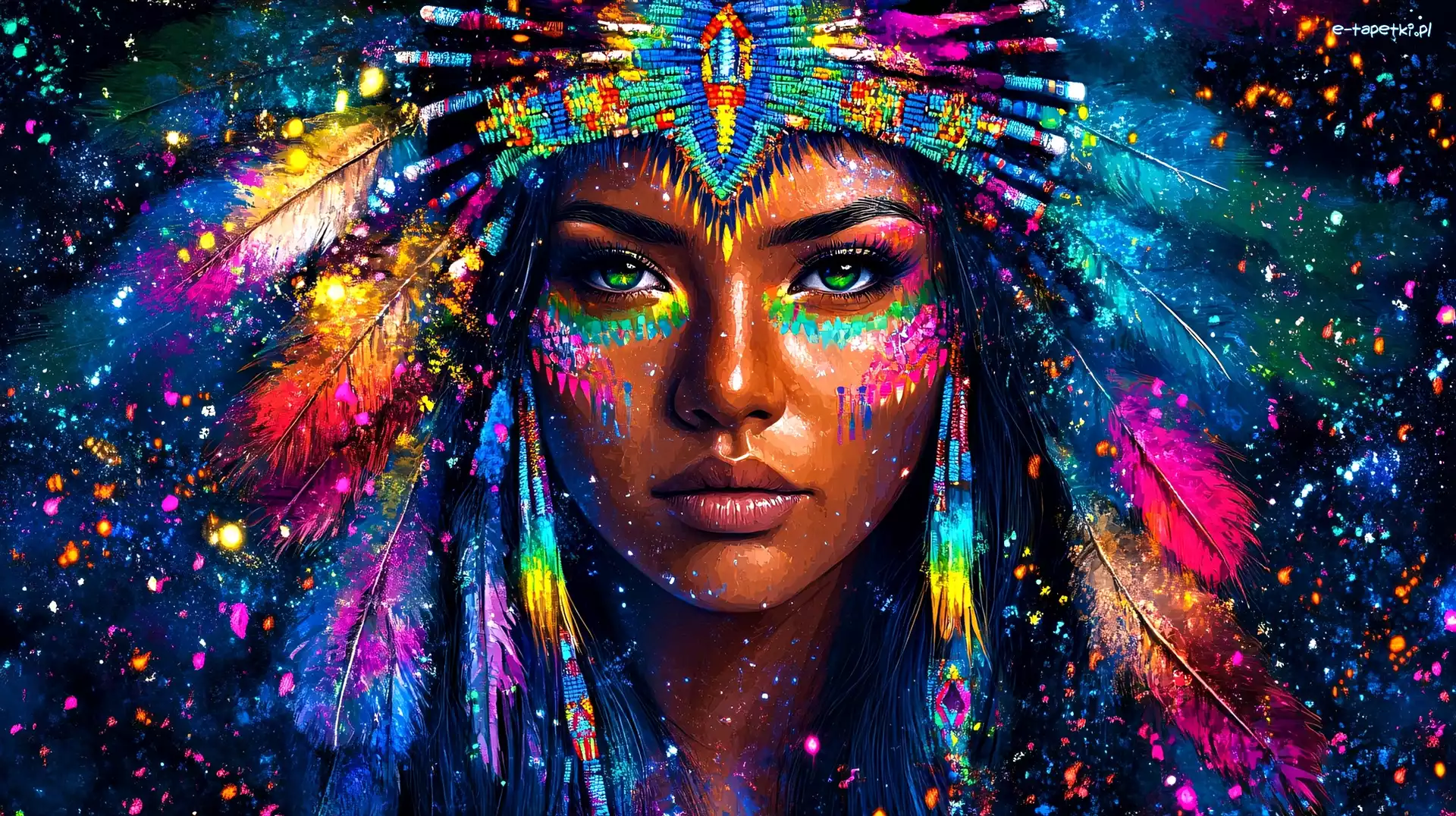 Grafika, Zielone, Oczy, Indianka, Kobieta, Pióropusz, Kolorowy