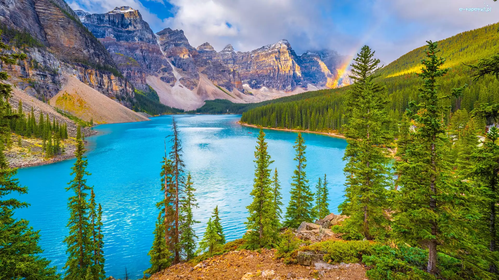 Jezioro, Canadian Rockies, Park Narodowy Banff, Alberta, Kanada, Tęcza, Drzewa, Góry, Moraine Lake