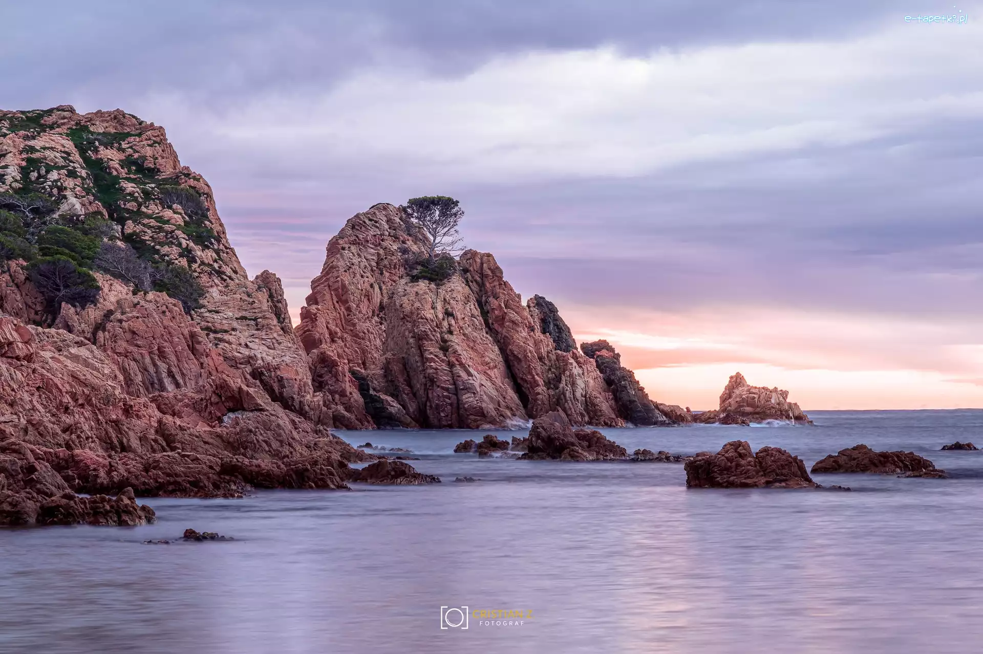 Costa Brava, Morze, Hiszpania, Katalonia, Wybrzeże, Skały, Drzewa, Wschód słońca