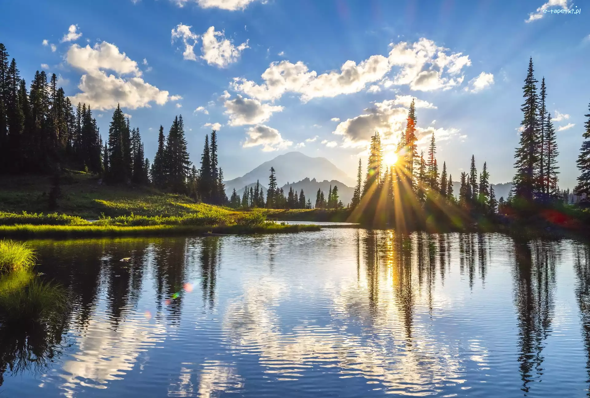 Niebo, Tipsoo Lake, Drzewa, Góry, Park Narodowy Mount Rainier, Stany Zjednoczone, Stan Waszyngton, Jezioro, Zachód słońca