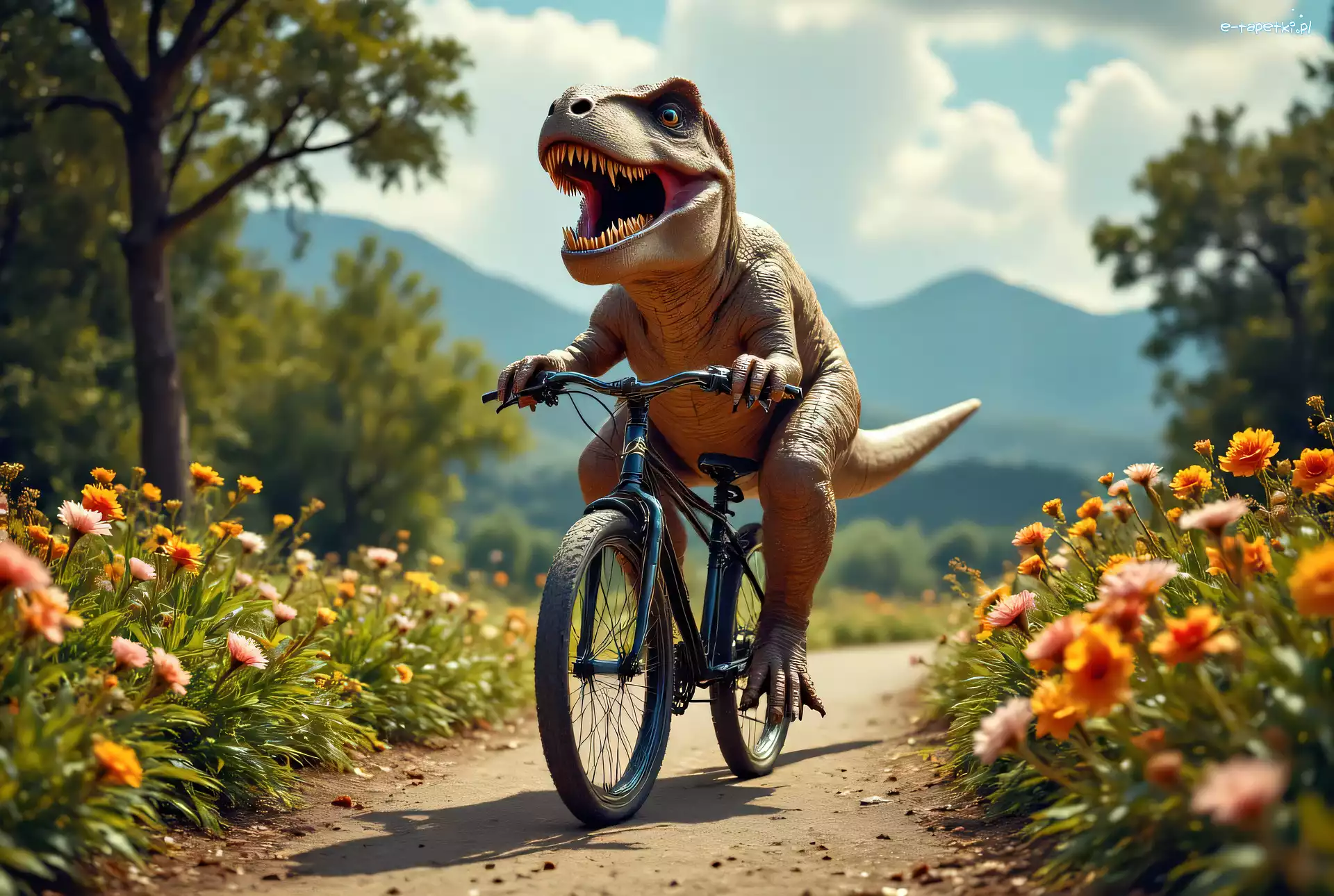 Kwiaty, Tyranozaur, Rower, Ścieżka, Dinozaur, Śmieszne