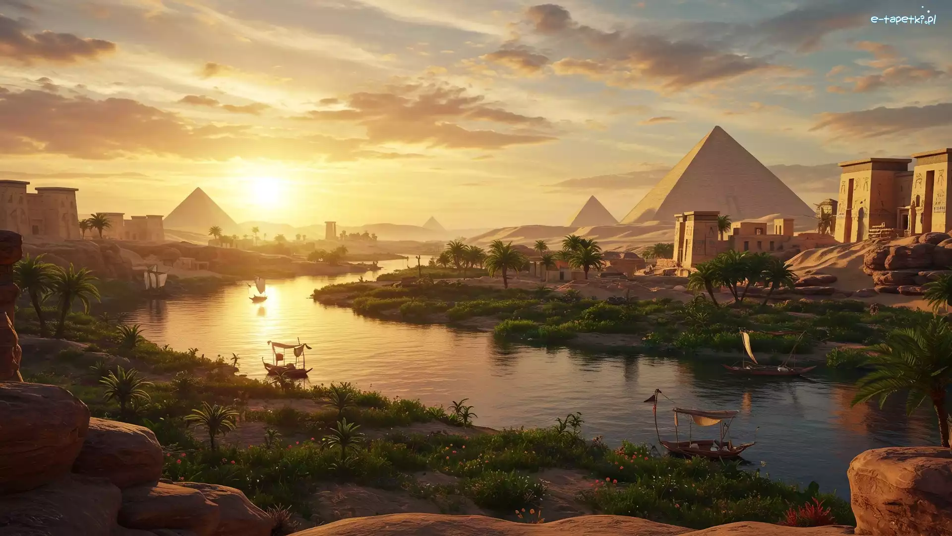 Nil, Assassins Creed Origins, Słońce, Łodzie, Egipt, Piramidy, Palmy, Gra