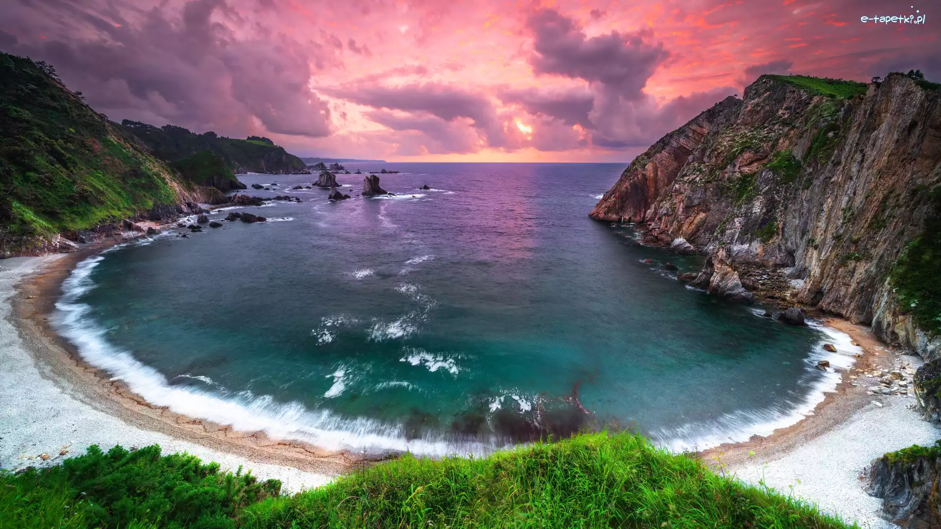 Skały, Góry, Morze, Asturia, Hiszpania, Playa del Silencio, Plaża, Zachód słońca, Zatoka