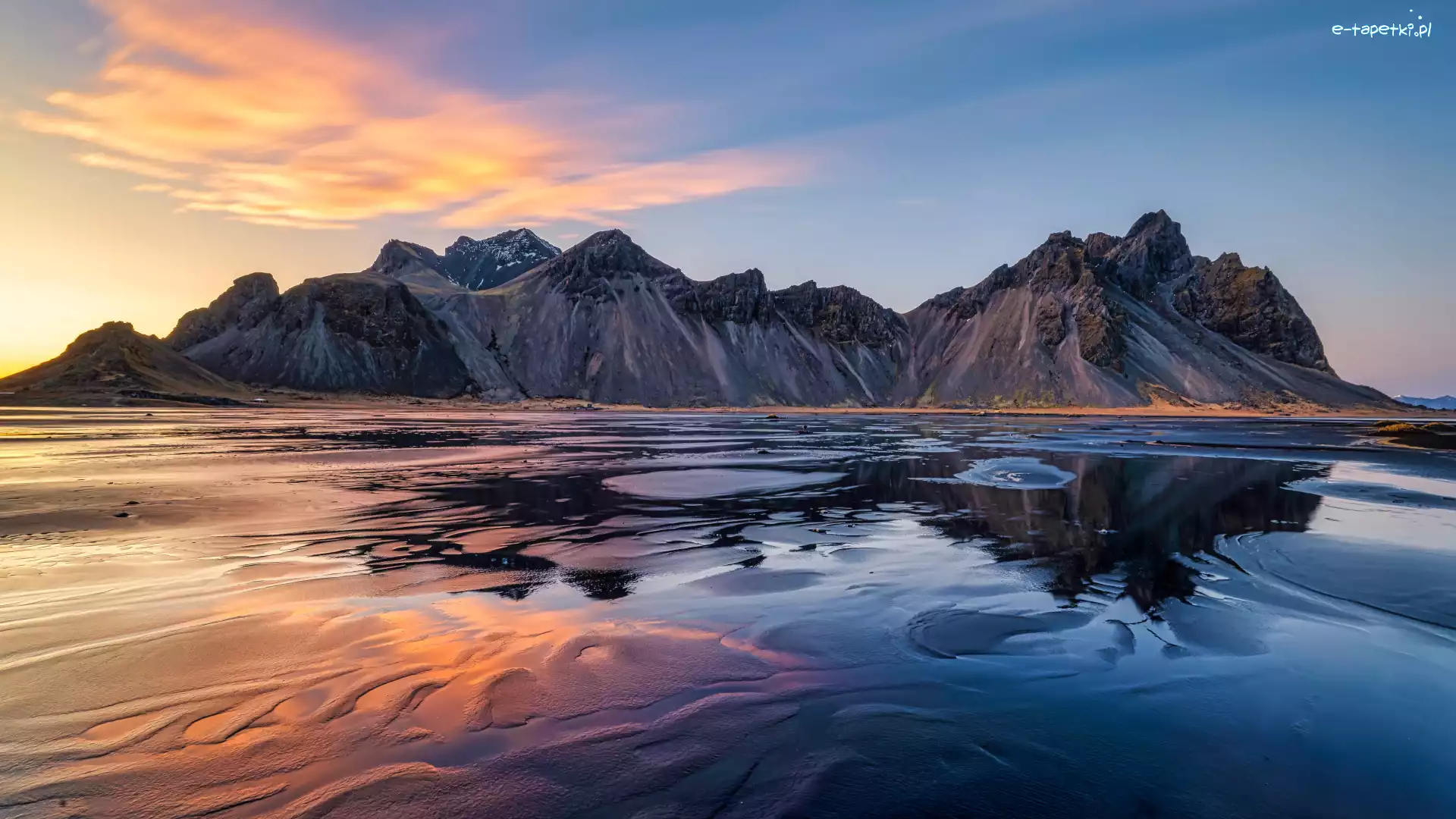 Góra Vestrahorn, Odbicie, Morze, Islandia