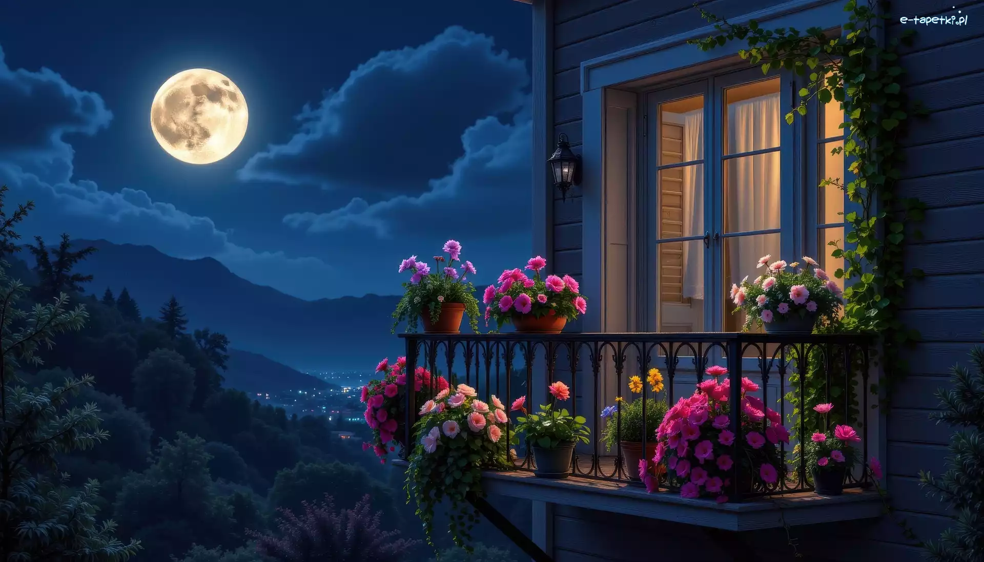 Balkon, Doniczki, Dom, Grafika, Kwiaty, Noc