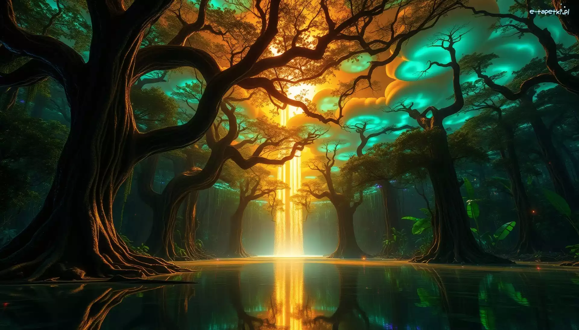 Światło, Drzewa, Przyroda, Sceniczny, Krajobraz, Fantasy, Woda, Natura, Odbicia