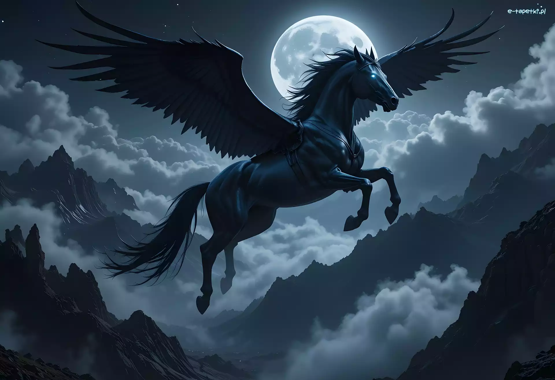 Fantasy, Skrzydła, Księżyc, Pegaz, Koń, Góry, Niebo