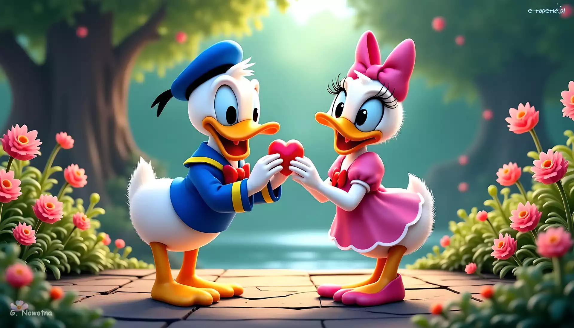 Grafika AI, Kwiaty, Serce, Kaczka Daisy, Kaczor Donald, Disney, Bajka