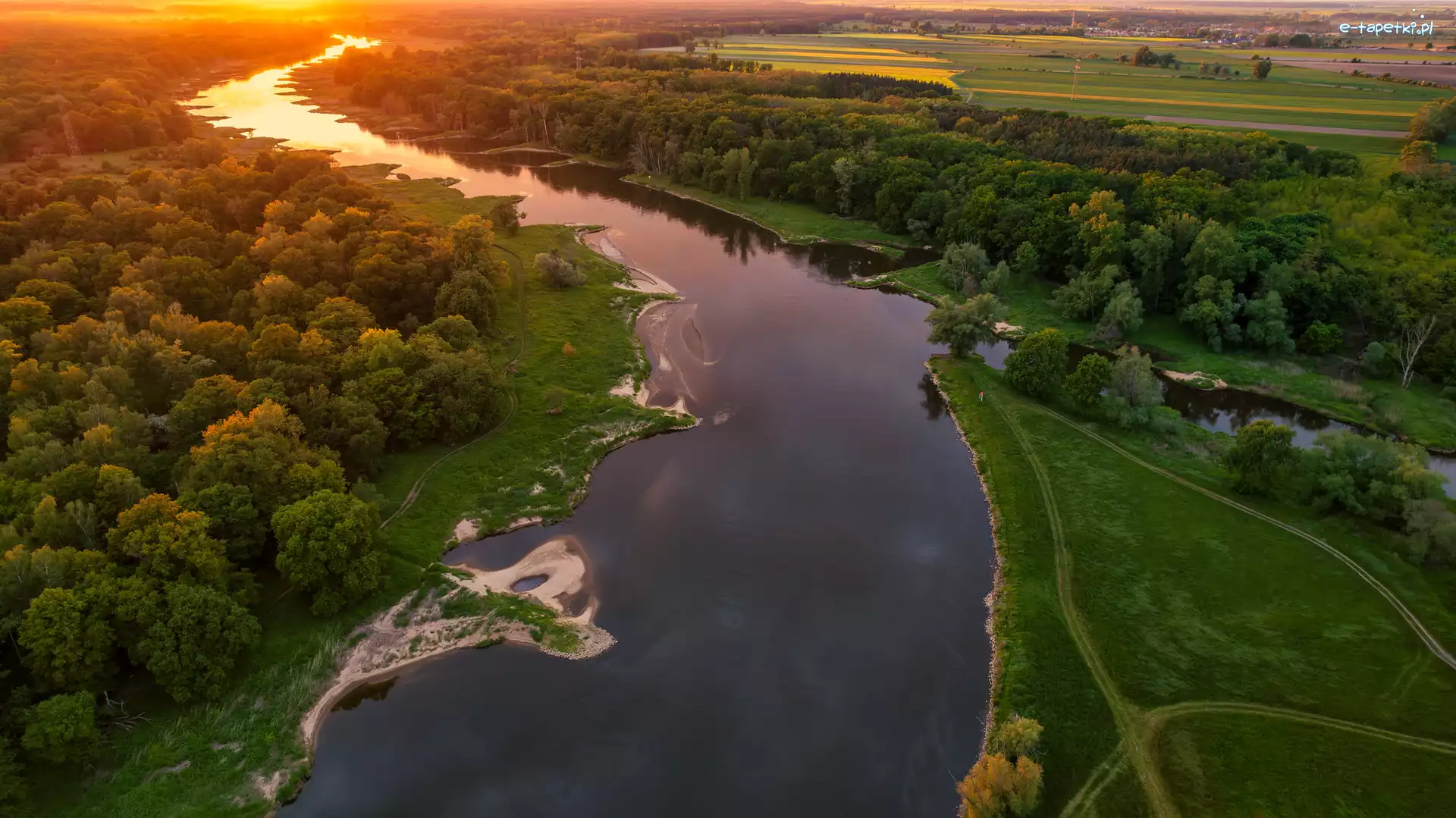 Odra, Gmina Szlichtyngowa, Z lotu ptaka, Zachód słońca, Rzeka, Drzewa, Pola, Polska