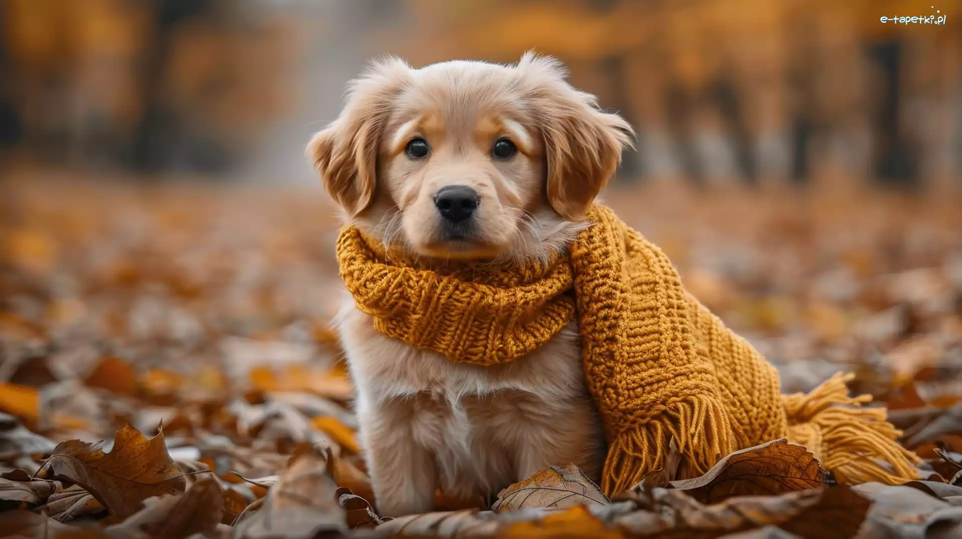 AI, Golden retriever, Szalik, Szczeniak, Pies, Liście, Wełniany