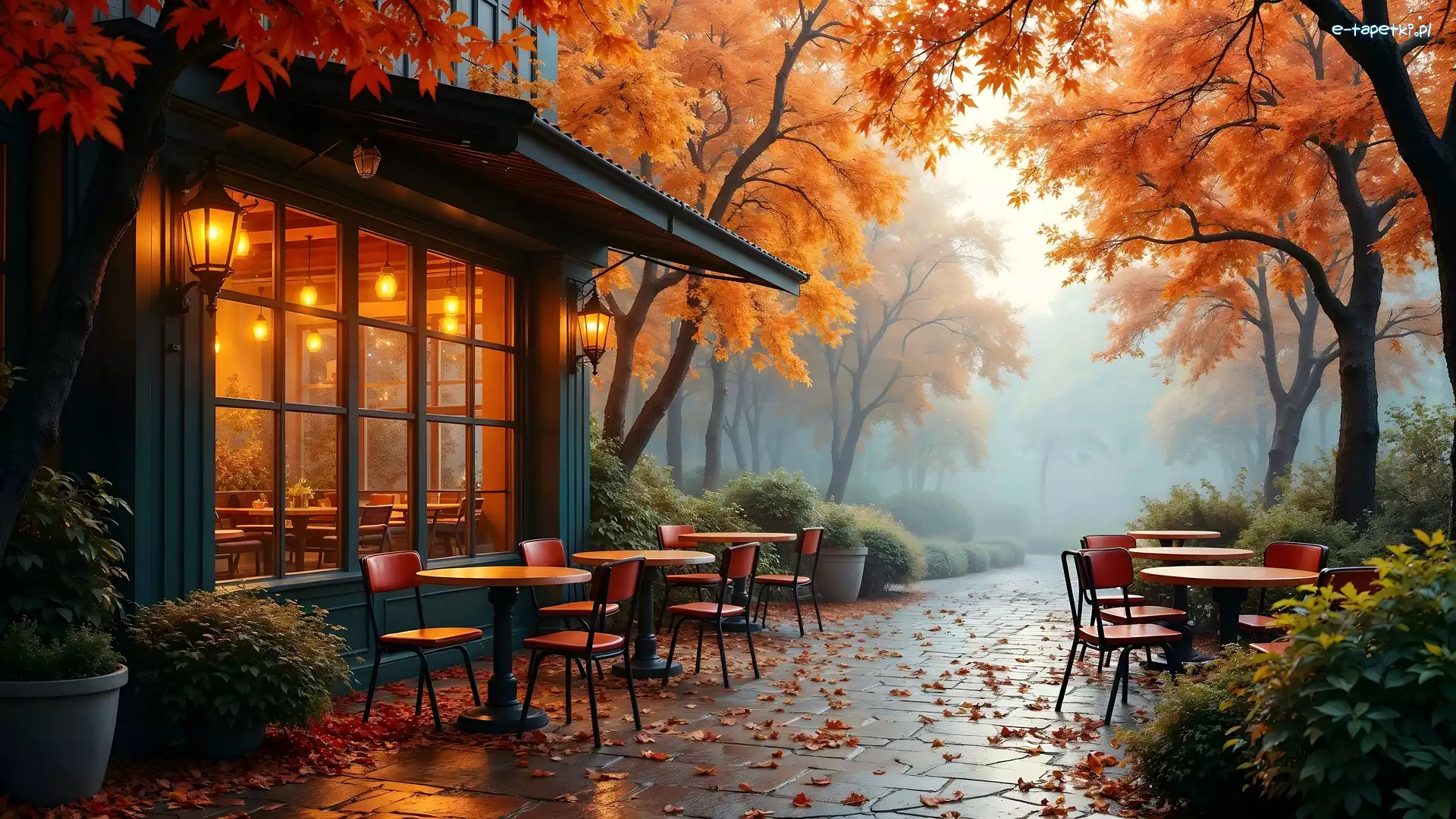 Jesień, Restauracja, Drzewa, Latarnie, Stoliki