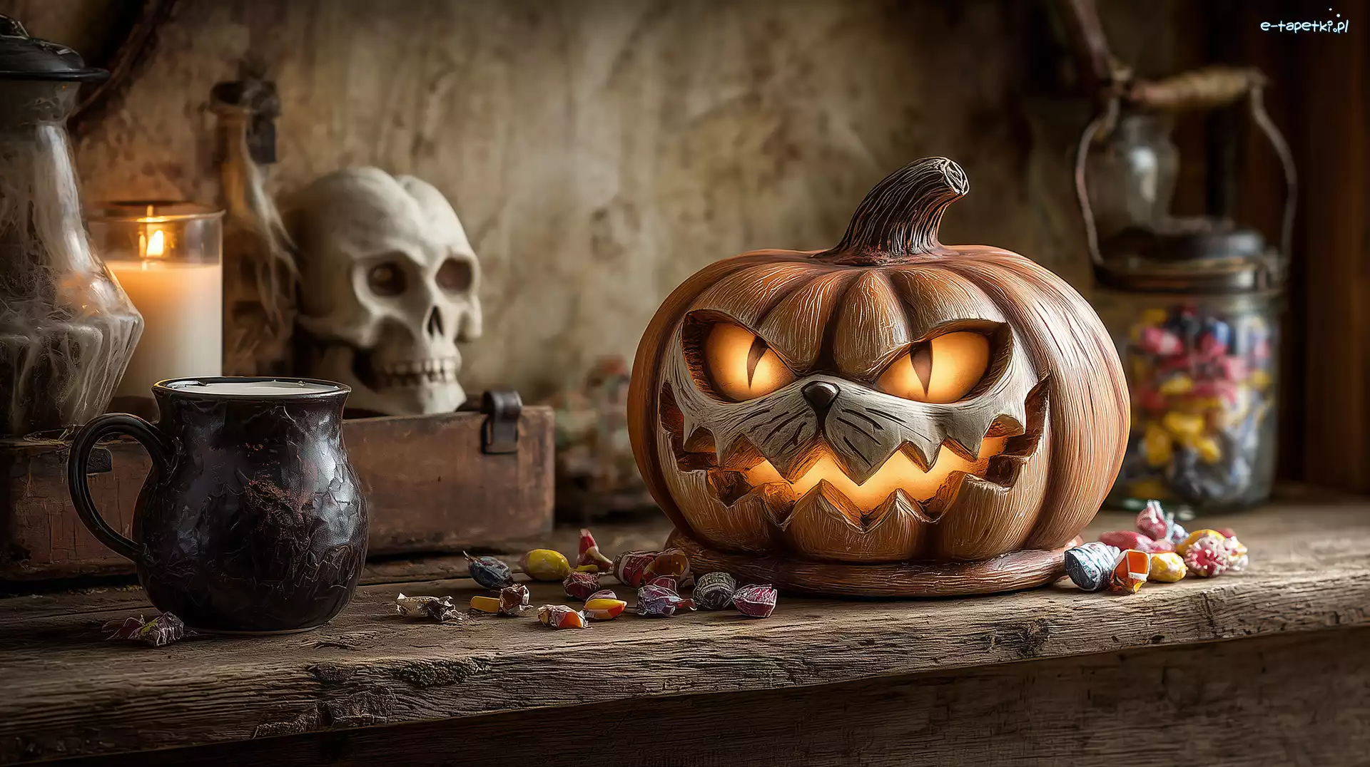 Dynia, Cukierki, Kubek, Grafika AI, Halloween