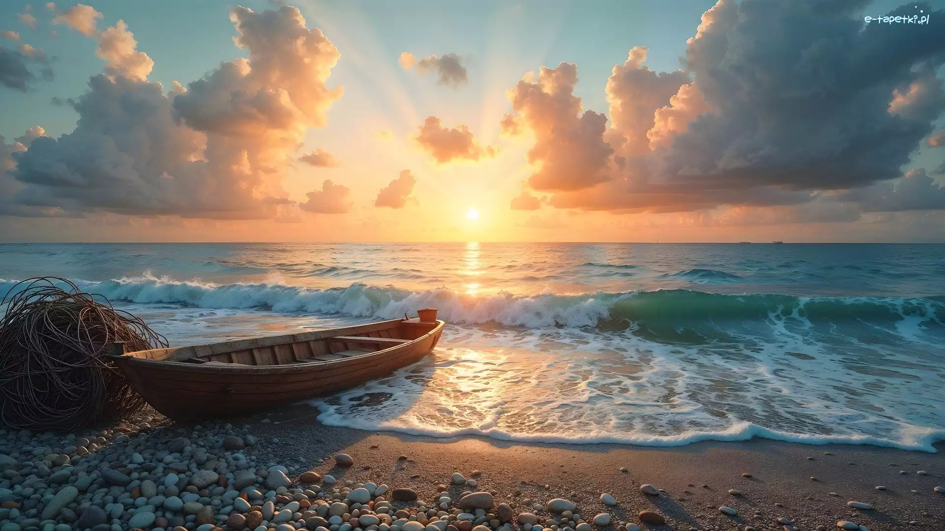 Morze, Plaża, Łódka, Zachód słońca, Fale