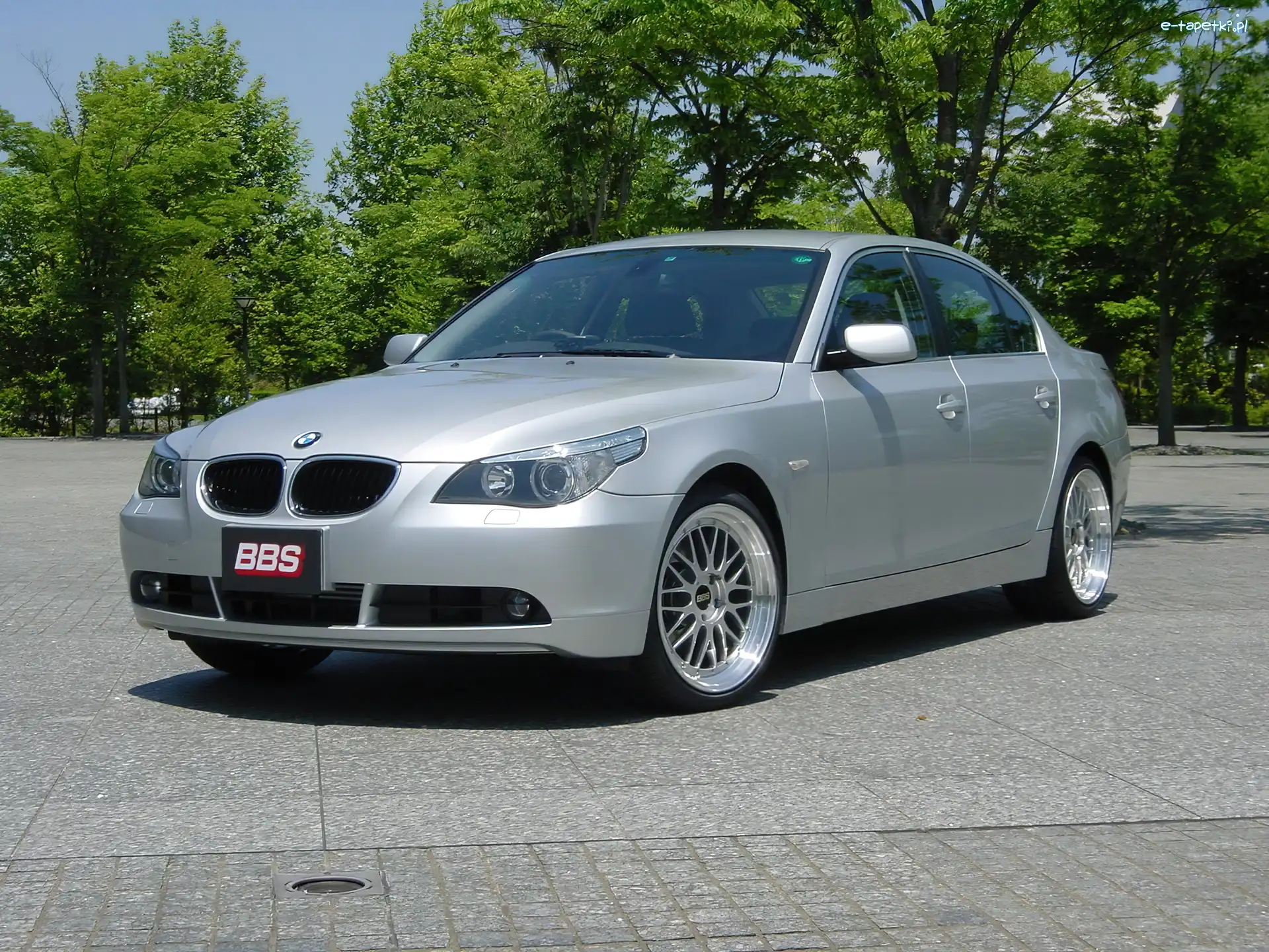 BMW 5, E60, Srebrny, Drzewa, Plac