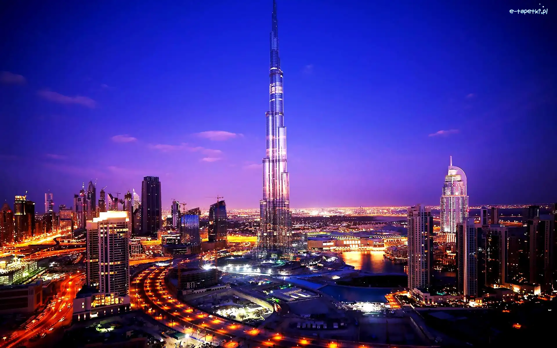 Światła, Burj Khalifa, Noc, Miasto nocą, Dubaj, Zjednoczone Emiraty Arabskie