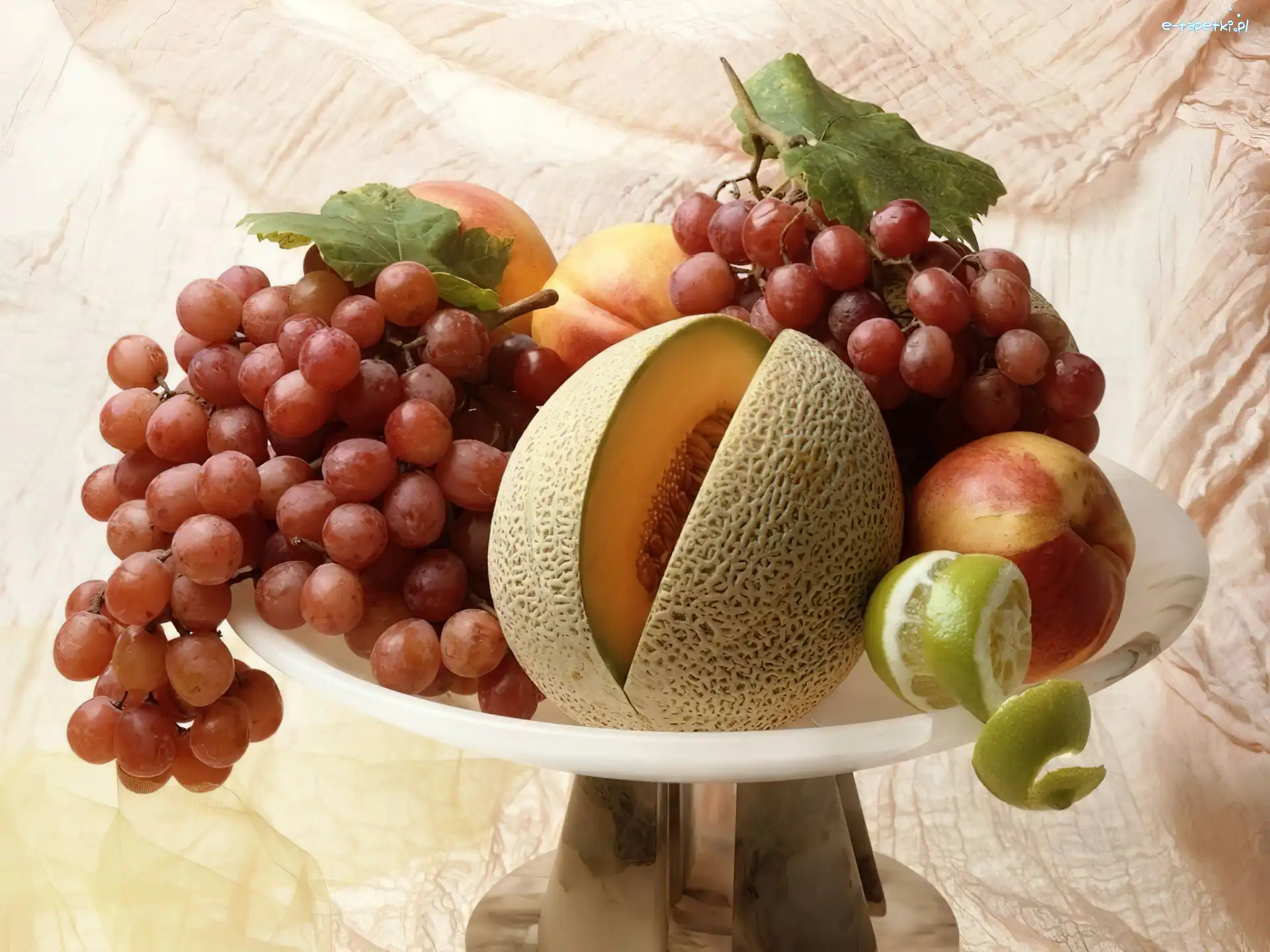 Smaczne, Winogrona, Owoce, Melon, Brzoskwinie