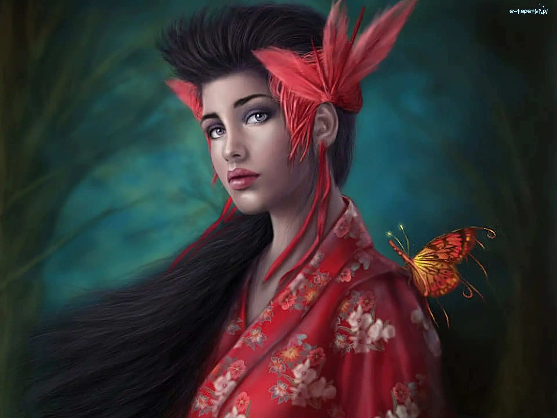 Kimono, Motyl, Kwiaty, Kobieta