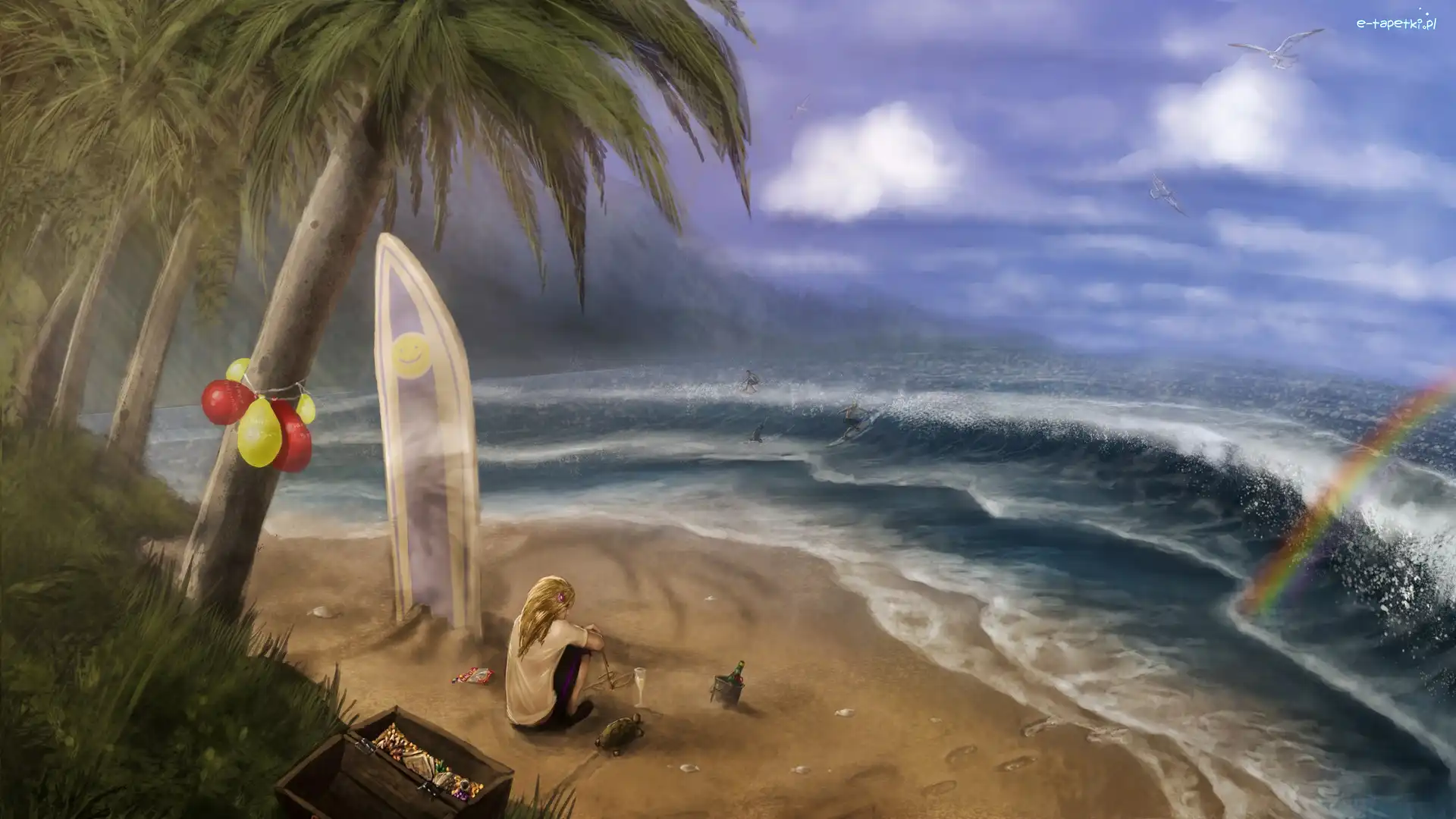 Wyspa, Tęcza, Surfer, Bezludna