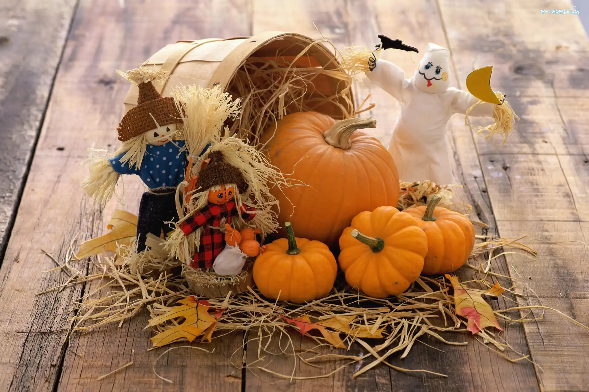 Kosz, Halloween, Kukły, Dynie