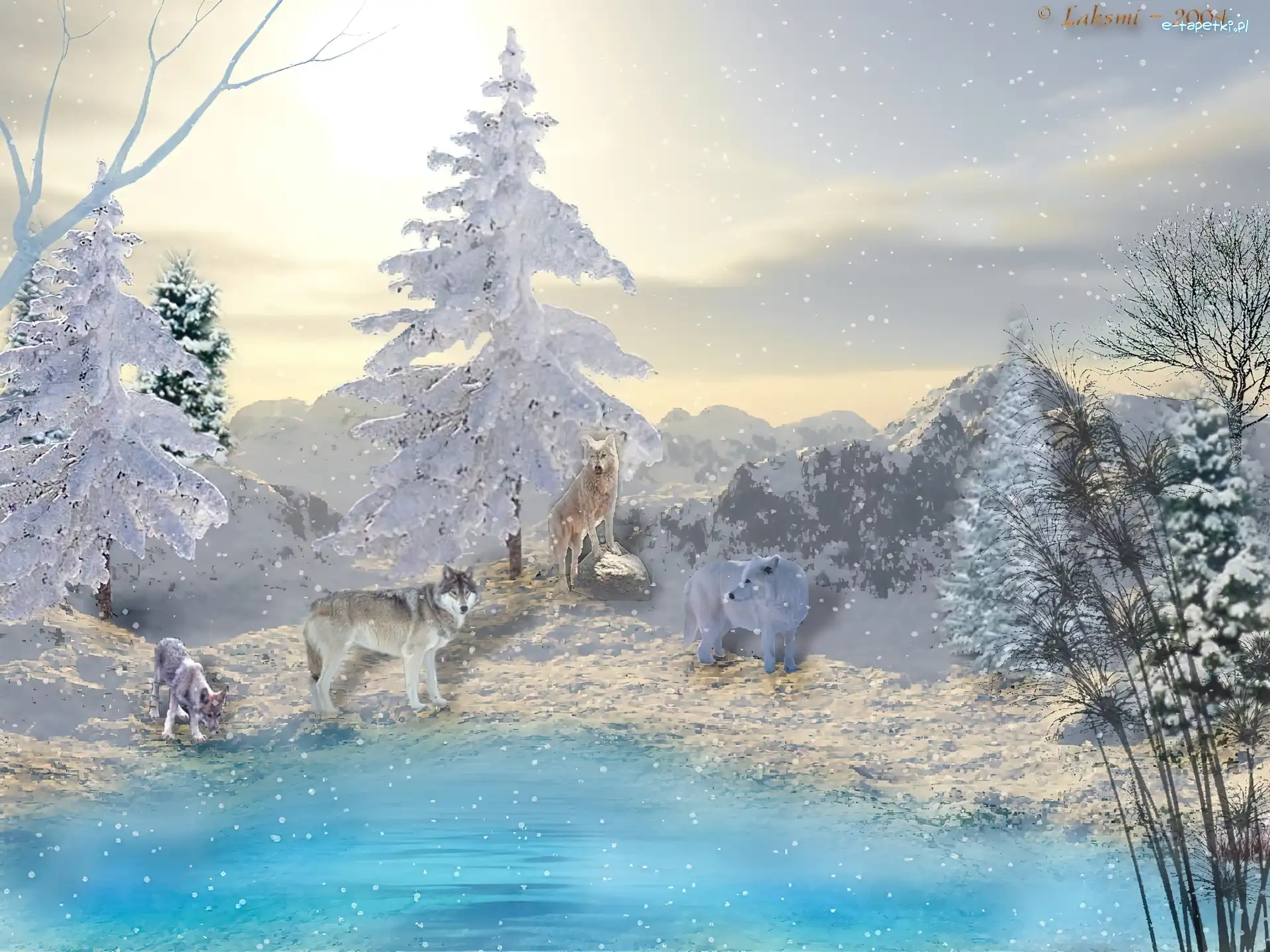 Zima, Rzeka, Wilki, 3D, Las