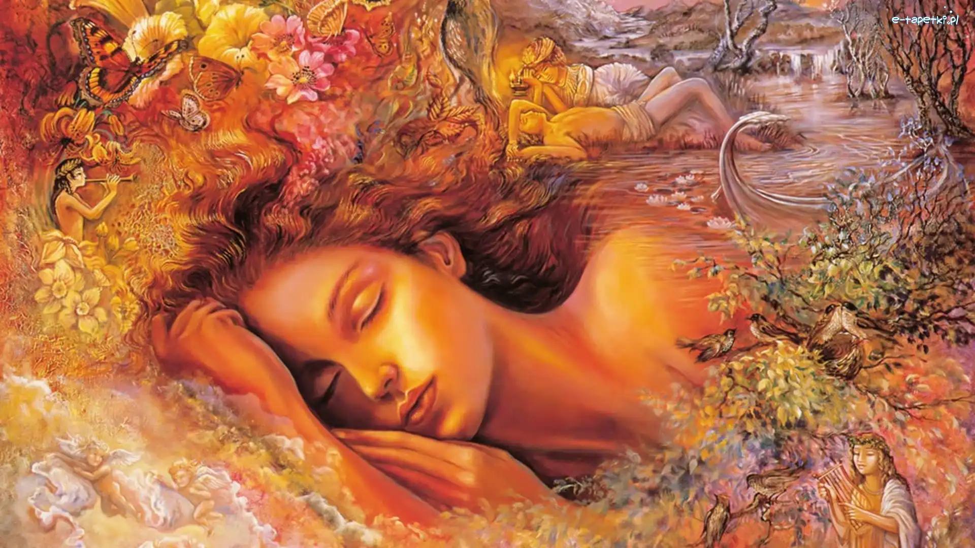 Drzewa, Woda, Kwiaty, Josephine Wall, Dziewczyna, Śpiąca