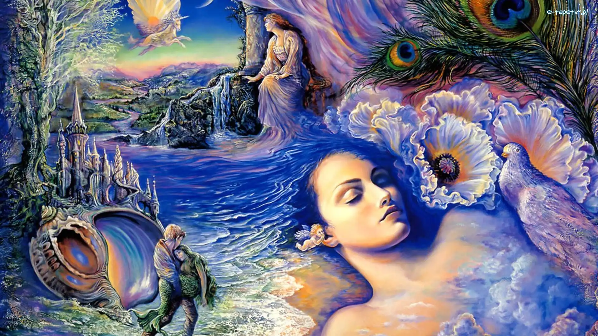 Kobieta, Woda, Kwiaty, Josephine Wall, Zamek