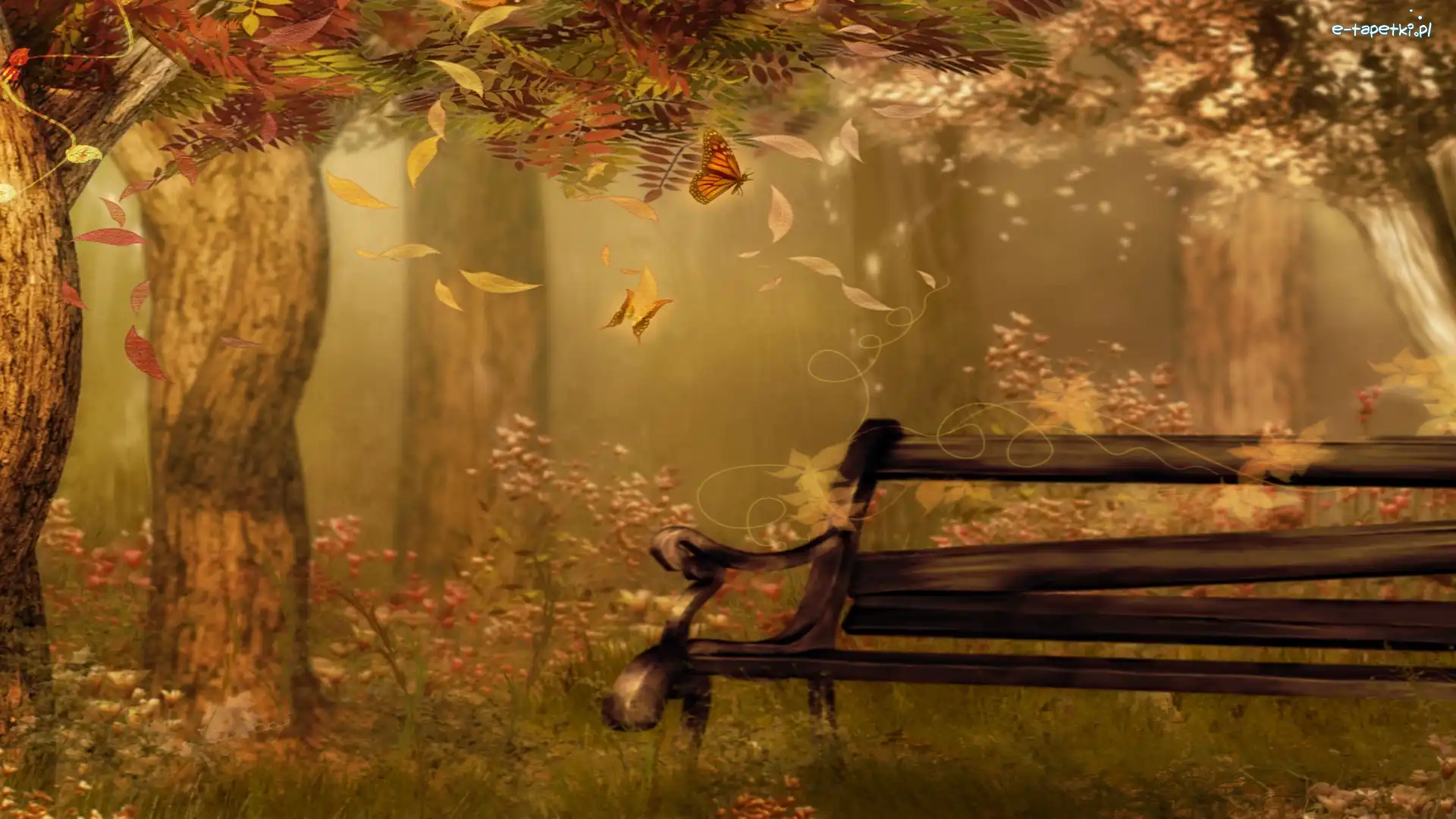 Ławka, Motyl, Drzewa, Fantasy, Art