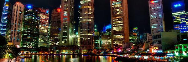 Azja, Miasta, Wieżowce, Singapur, Widok, Noc