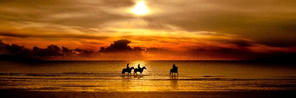 Konie, Plaża, Morze, Słońca, Zachód
