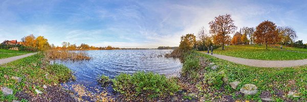 Park, Niebo, Drzewa, Jezioro