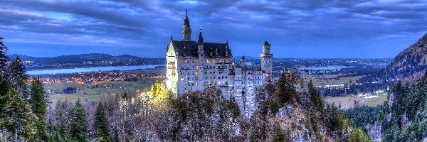 Neuschwanstein, Niemcy, Panorama, Zamek