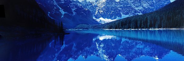 Alberta, Góry, Drzewa, Kanada, Ośnieżone, Jezioro