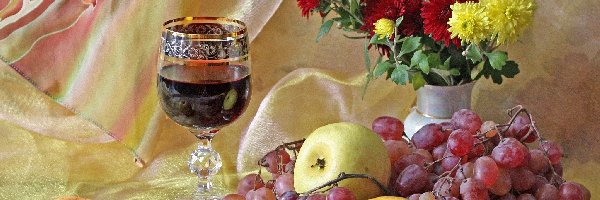 Wino, Jabłka, Kieliszek, Owoce, Winogrona, Chryzantemy