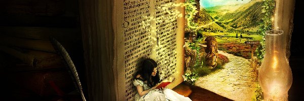 Fantasy, Książka, Dziewczyna, Kałamarz, Lampa
