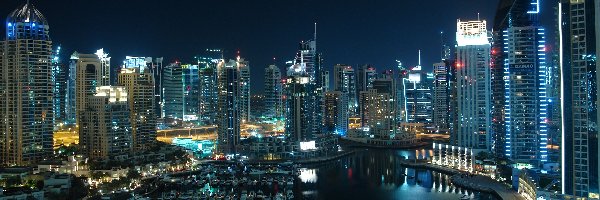 Miasto, Port, Nocą, Dubaj, Jachty