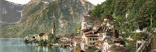 Jezioro, Zabudowanie, Góry, Austria, Hallstatt