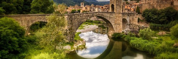 Besalu, Most, Hiszpania, Krzewy, Rzeka