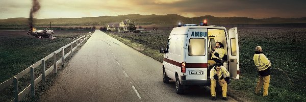 Płonący, Droga, Samochód, Sanitariusze, Ambulans