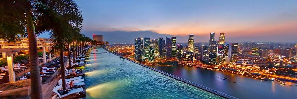 Marina, Bay, Hotel, Na Dachu, Panorama, Basen, Stands, Nocą, Singapuru