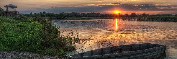 Łódka, Zachód Słońca, Brzeg, Jezioro