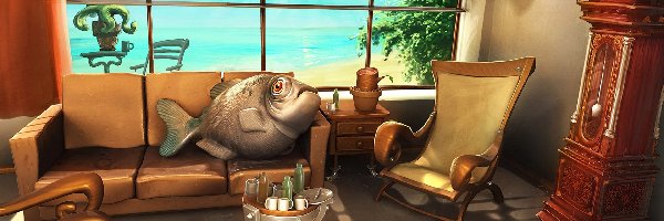 Stolik, Ryby, Zegar, Okno, Kanapa, Pokój