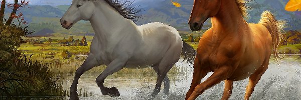 Rzeka, Konie, Malarstwo