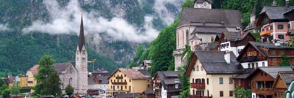 Jezioro, Zabudowanie, Góry, Austria, Hallstatt