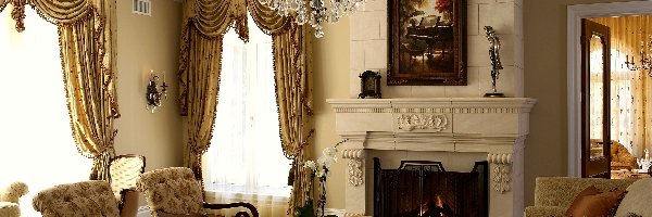 Salon, Zasłony, Kominek, Stylizowany