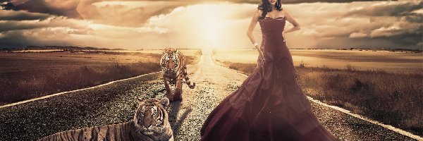 Kobieta, Tygrysy, Suknia, Droga