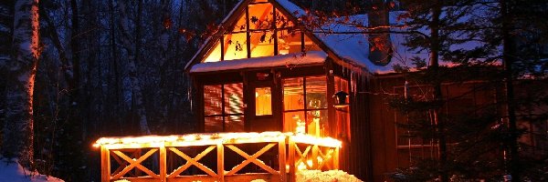 Domek, Oświetlony, Zima
