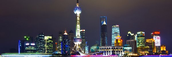 Miasto, Wieża, Nocą, Chiny, Woda